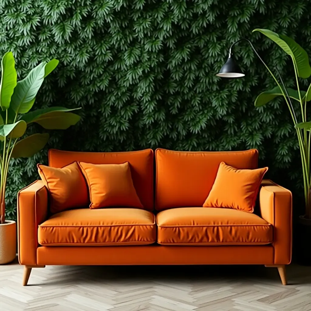 a photo of a modern sofa in burnt orange surrounded by lush green foliage