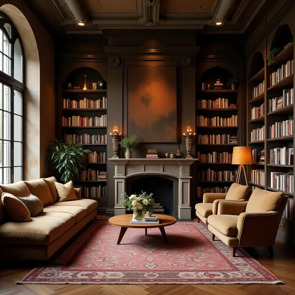 a photo of a library with a cozy reading nook and exposed pipes