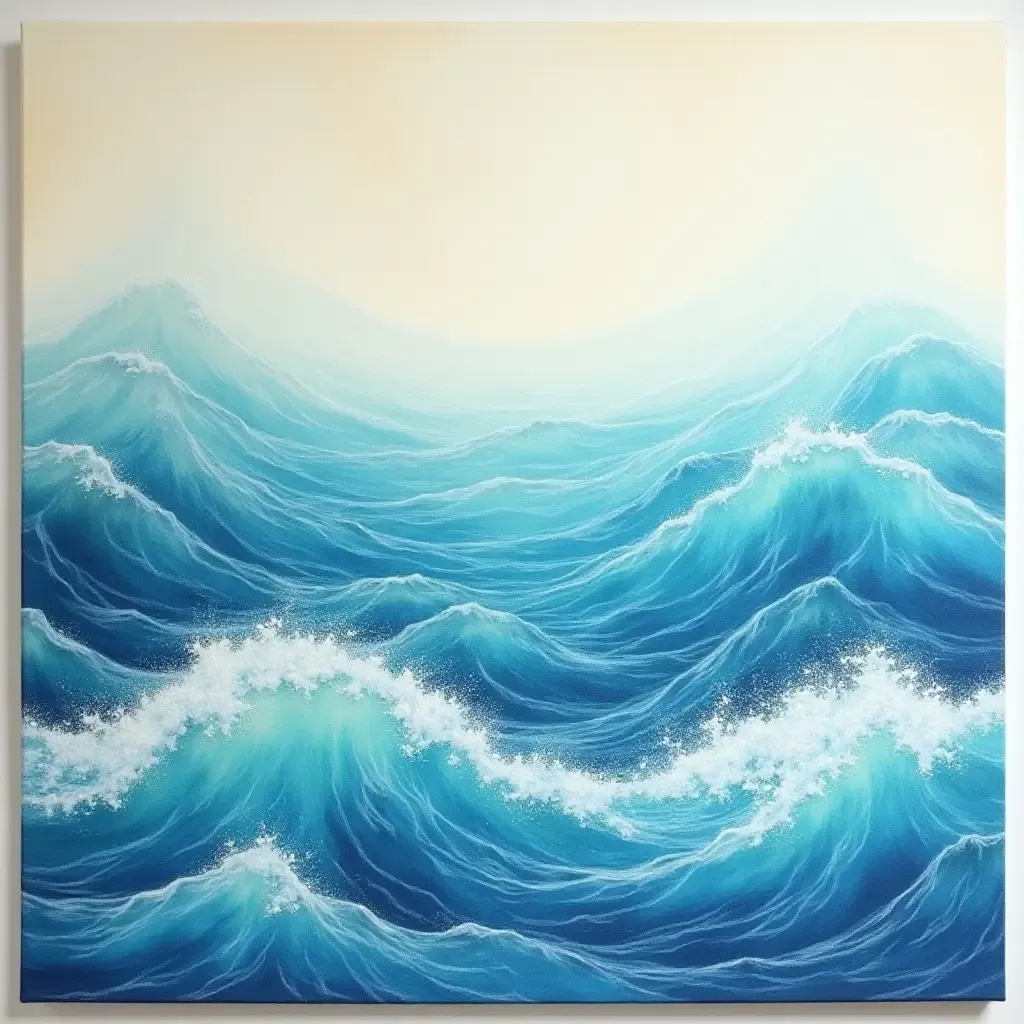 a photo of a large canvas rug with ocean waves design