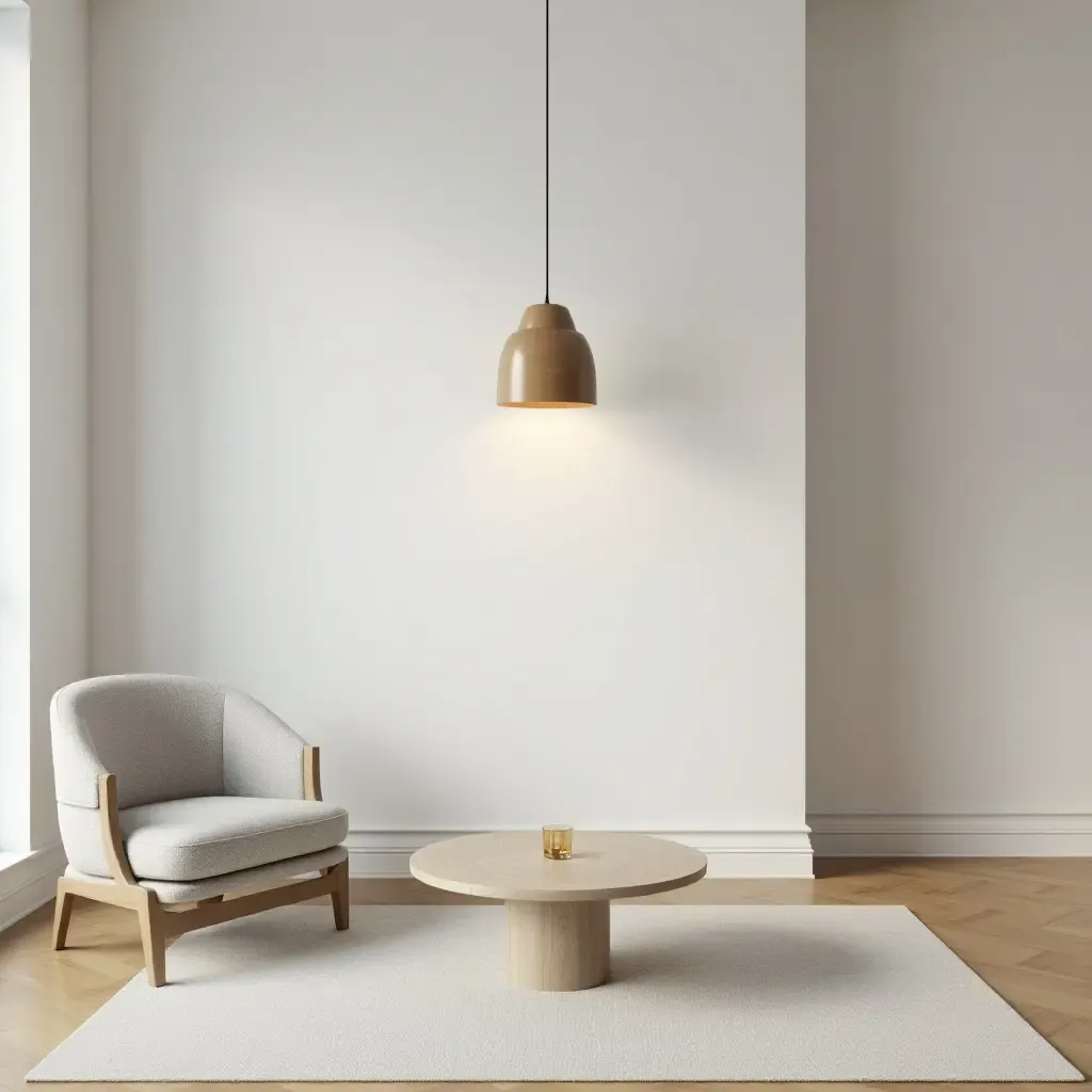 a photo of a minimalist living room with a unique light fixture and simple lines