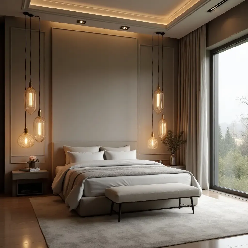 a photo of a spacious bedroom with oversized pendant lights