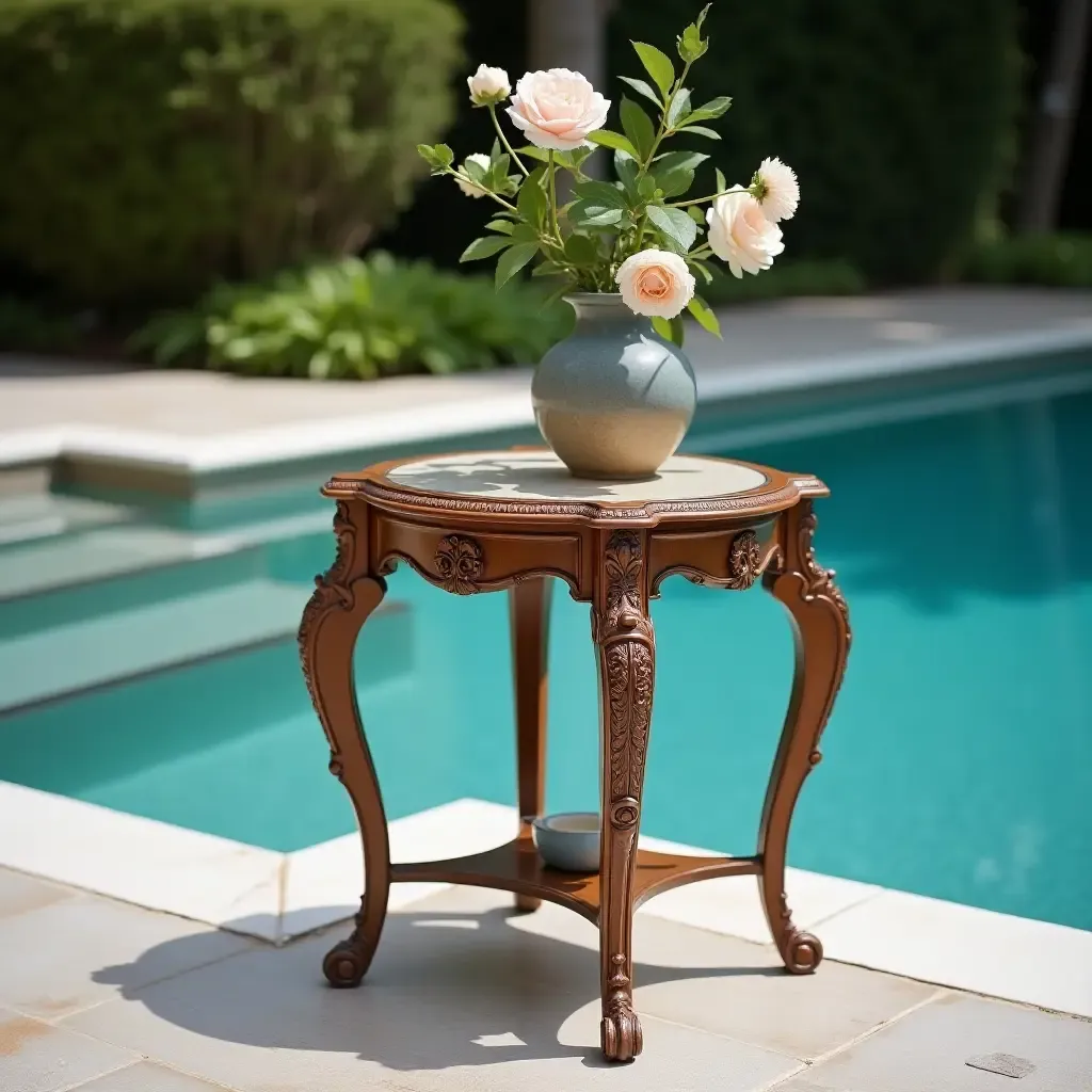 a photo of a charming antique side table with a vase at the pool