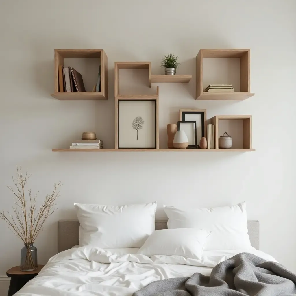 a photo of creative wall-mounted shelves in a modern bedroom