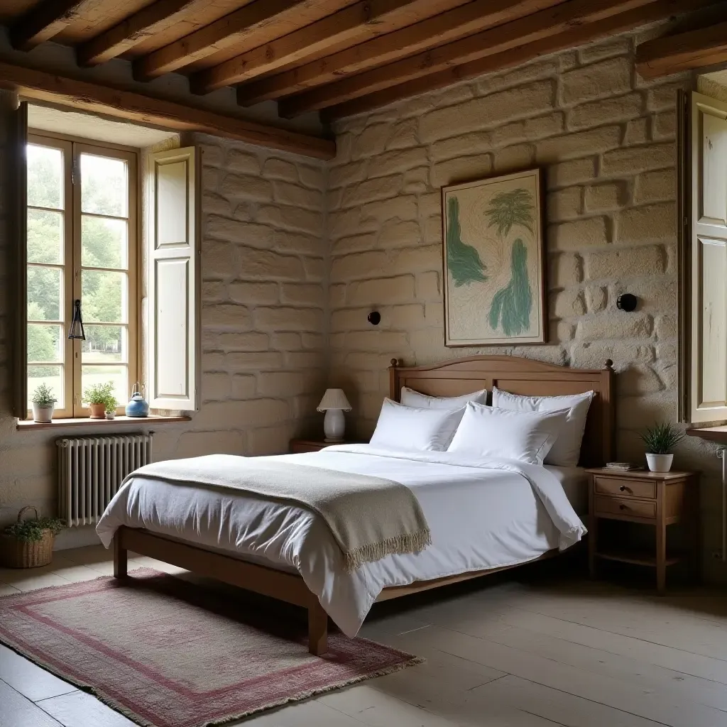 a photo of a rustic bedroom with a stone wall and antique furnishings