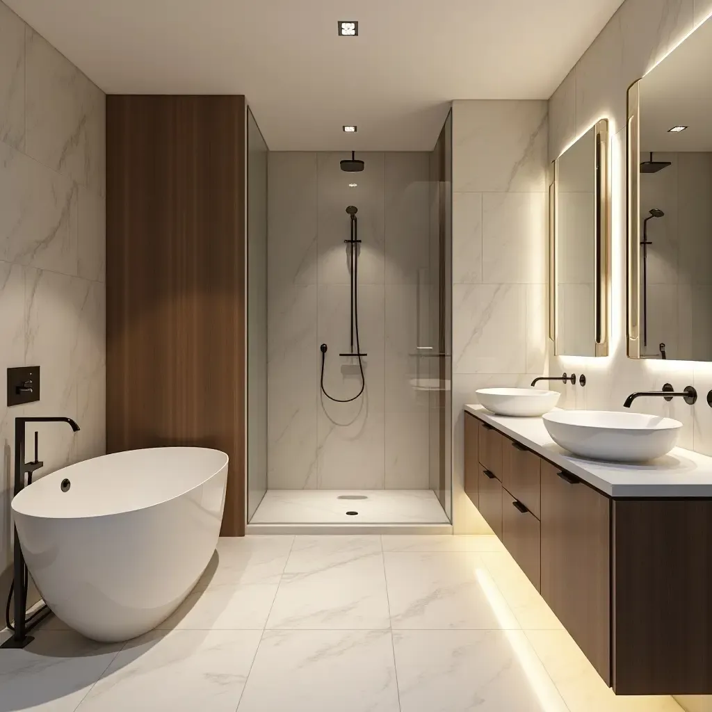 a photo of a bathroom with a contemporary design and luxurious finishing touches