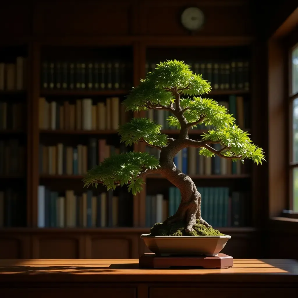 a photo of a library desk with a bonsai tree