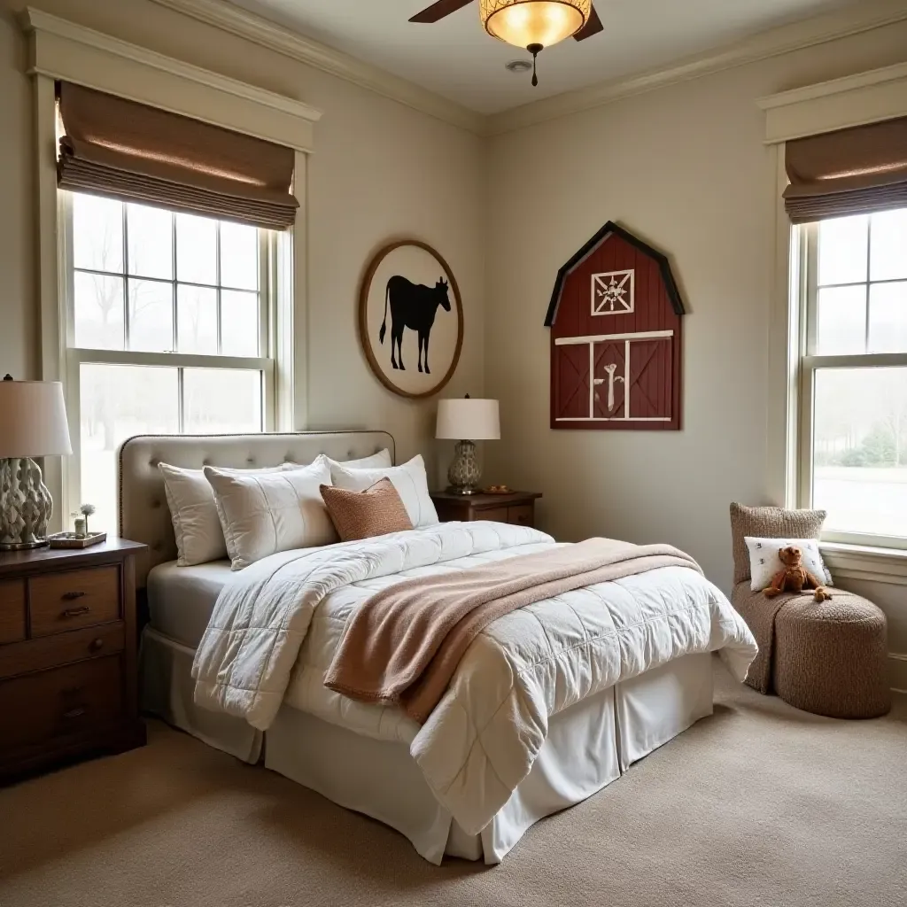 a photo of a farm-themed bedroom with barn and animal motifs