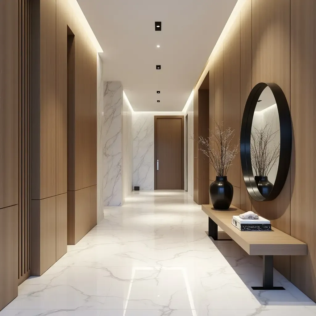 a photo of a minimalist entrance hall featuring marble flooring and contemporary decor elements