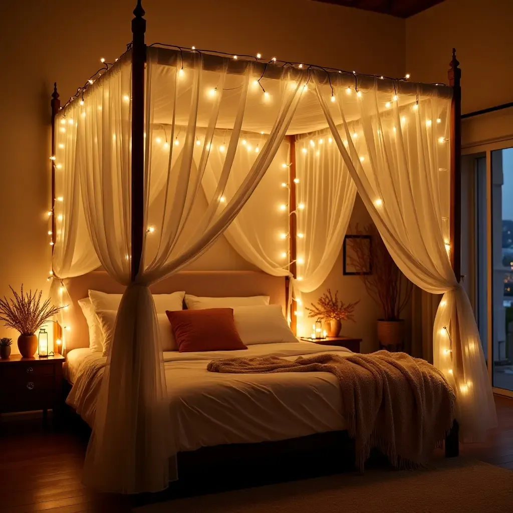 a photo of a cozy bohemian bedroom featuring a canopy bed with fairy lights