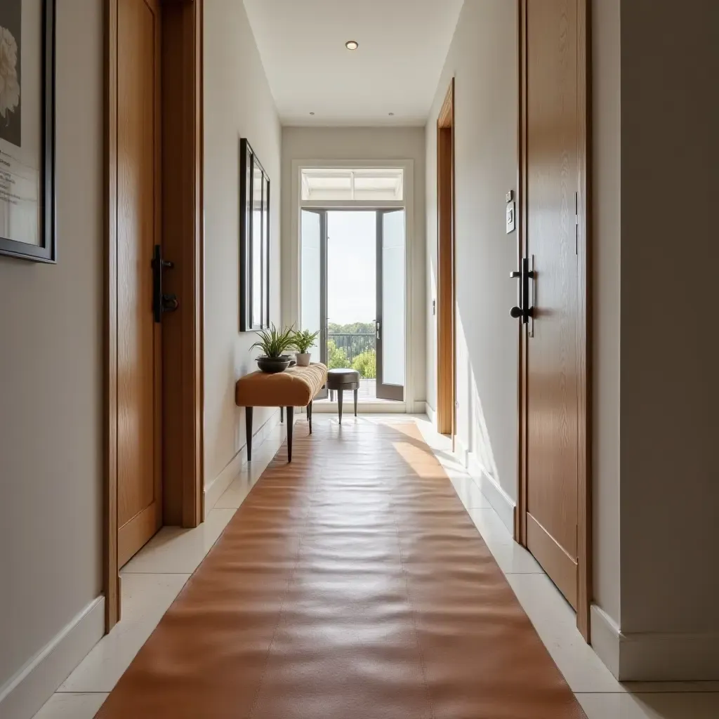 a photo of a sleek, leather runner rug in a contemporary hallway