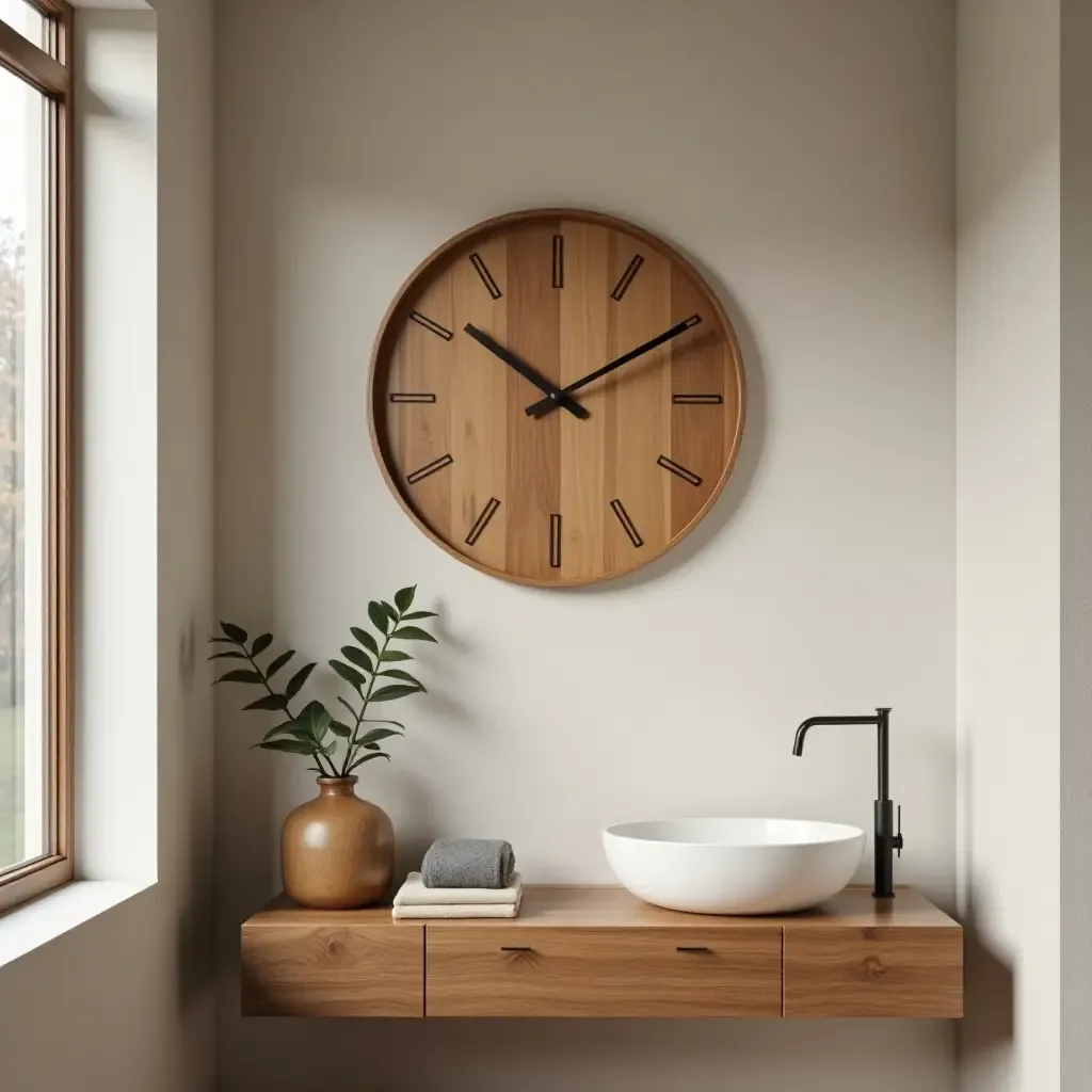 a photo of a wooden wall clock adding warmth to a bathroom