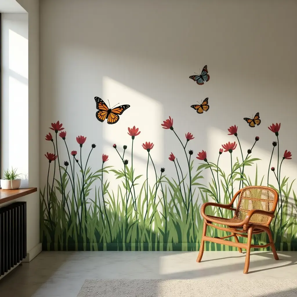 a photo of a vibrant garden wall with painted butterflies in an entrance space