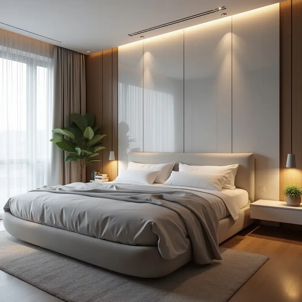 a photo of a futuristic bedroom with sleek lines and innovative design