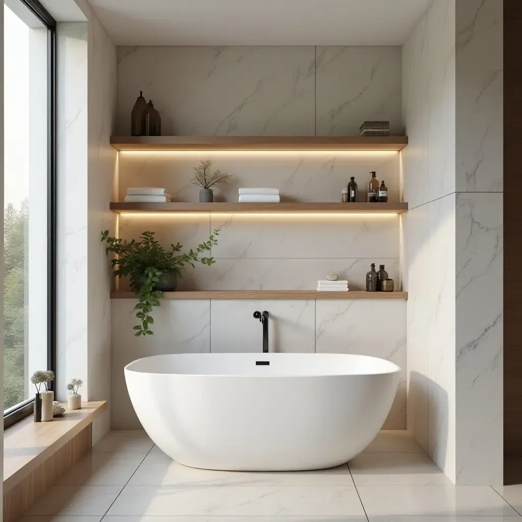 a photo of a stylish bathroom with floating shelves for storage