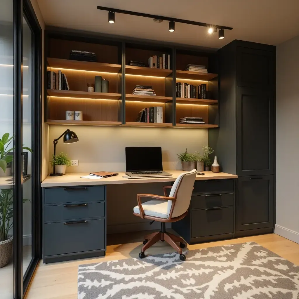 a photo of a modern basement workspace with creative storage solutions