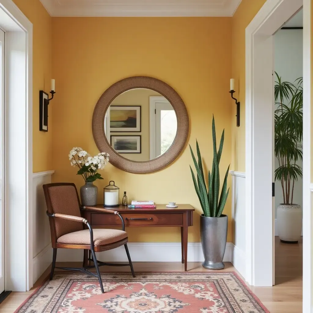 a photo of a vibrant entryway featuring a statement mirror