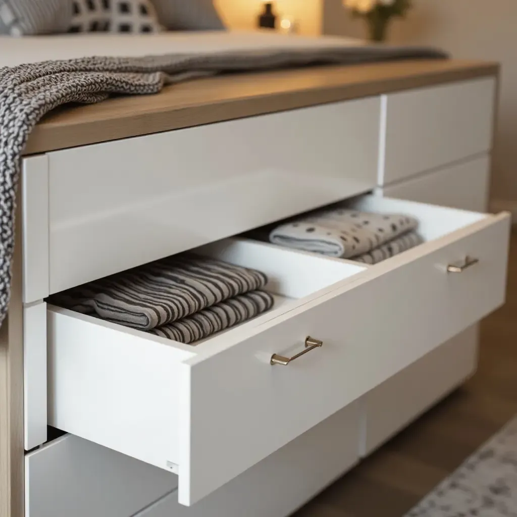 a photo of a contemporary bedroom with sleek drawer organizers