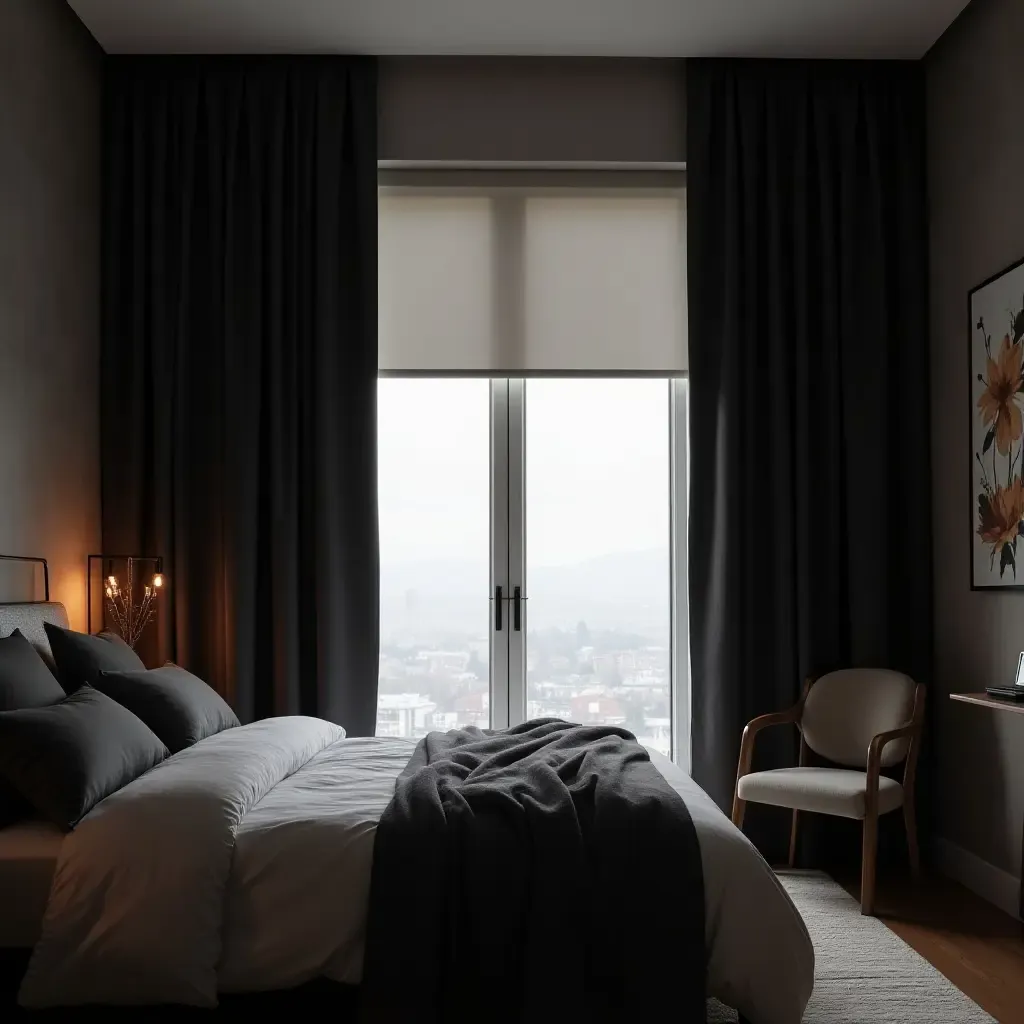 a photo of a bedroom featuring black-out curtains for complete darkness