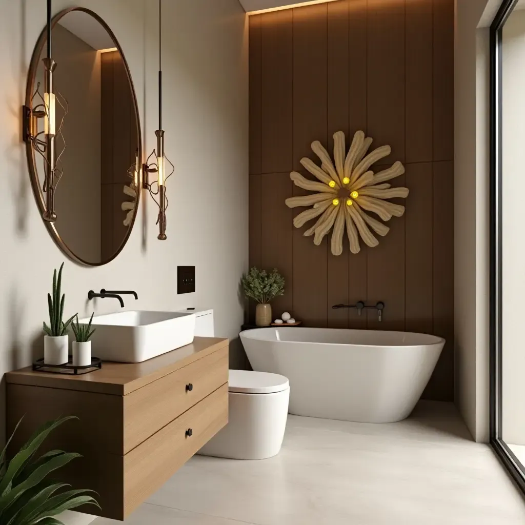 a photo of a zen-inspired bathroom with metallic accents and natural elements