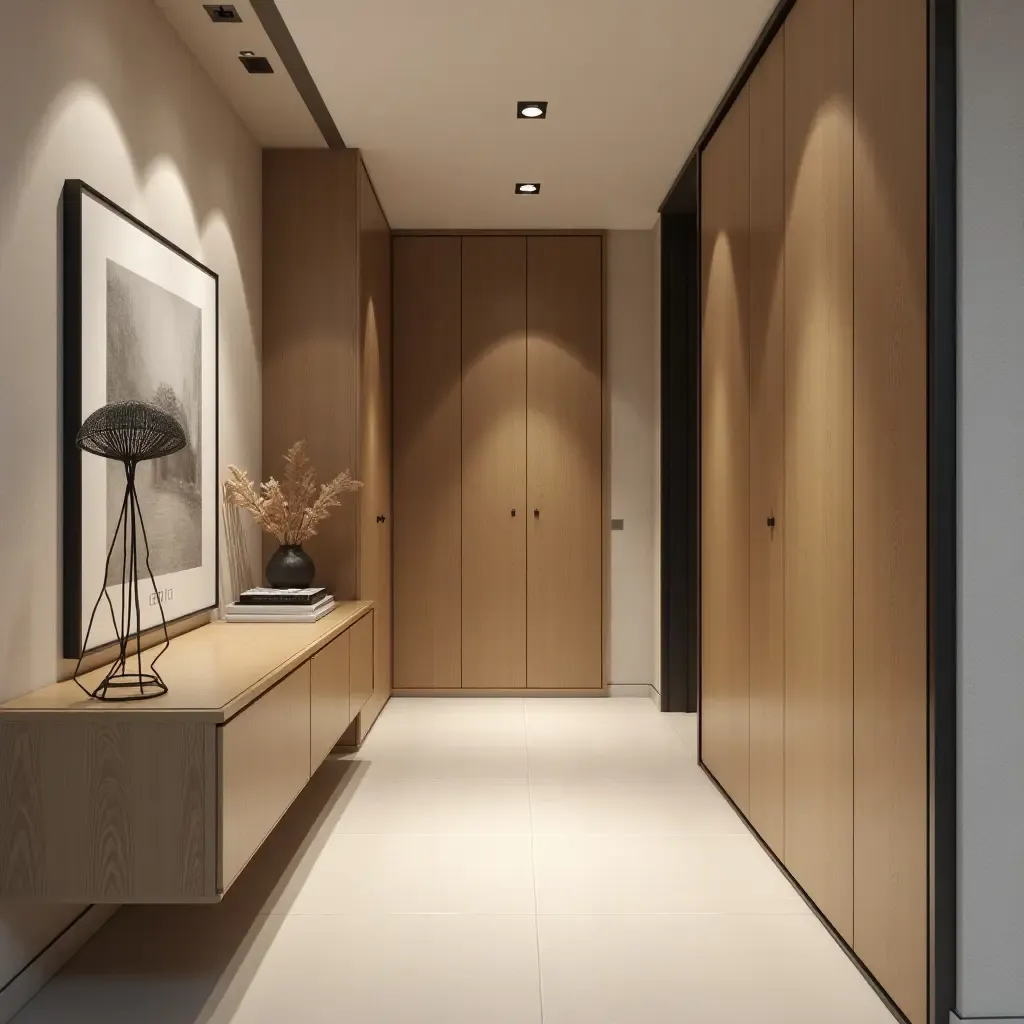 a photo of a narrow corridor with a gallery wall and storage