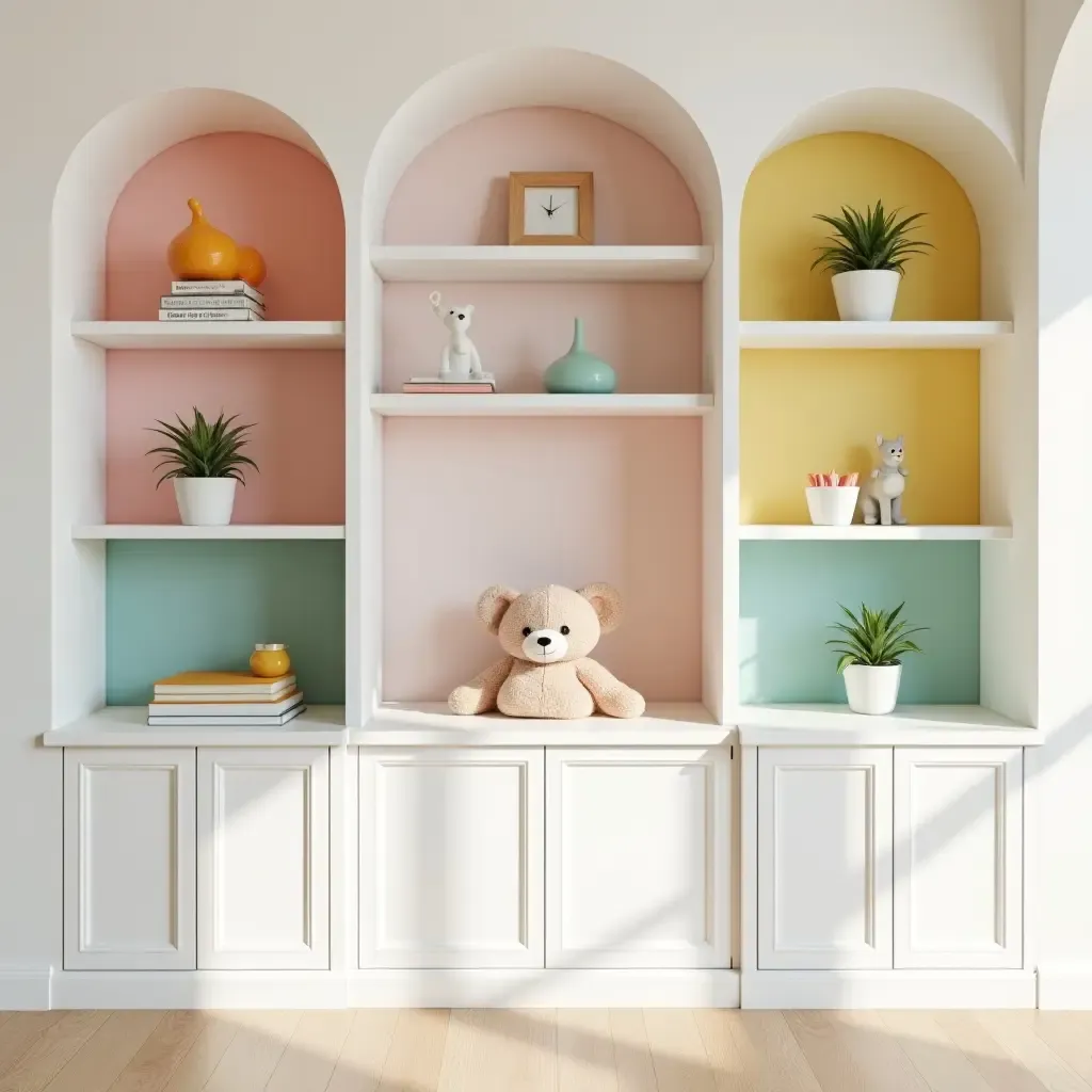 a photo of a bright built-in bookcase with pastel colors and playful decor