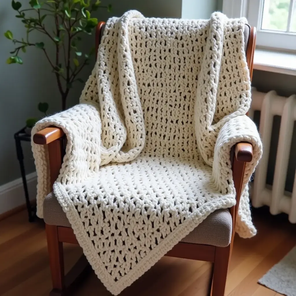 a photo of a hand-knitted blanket draped over a rocking chair