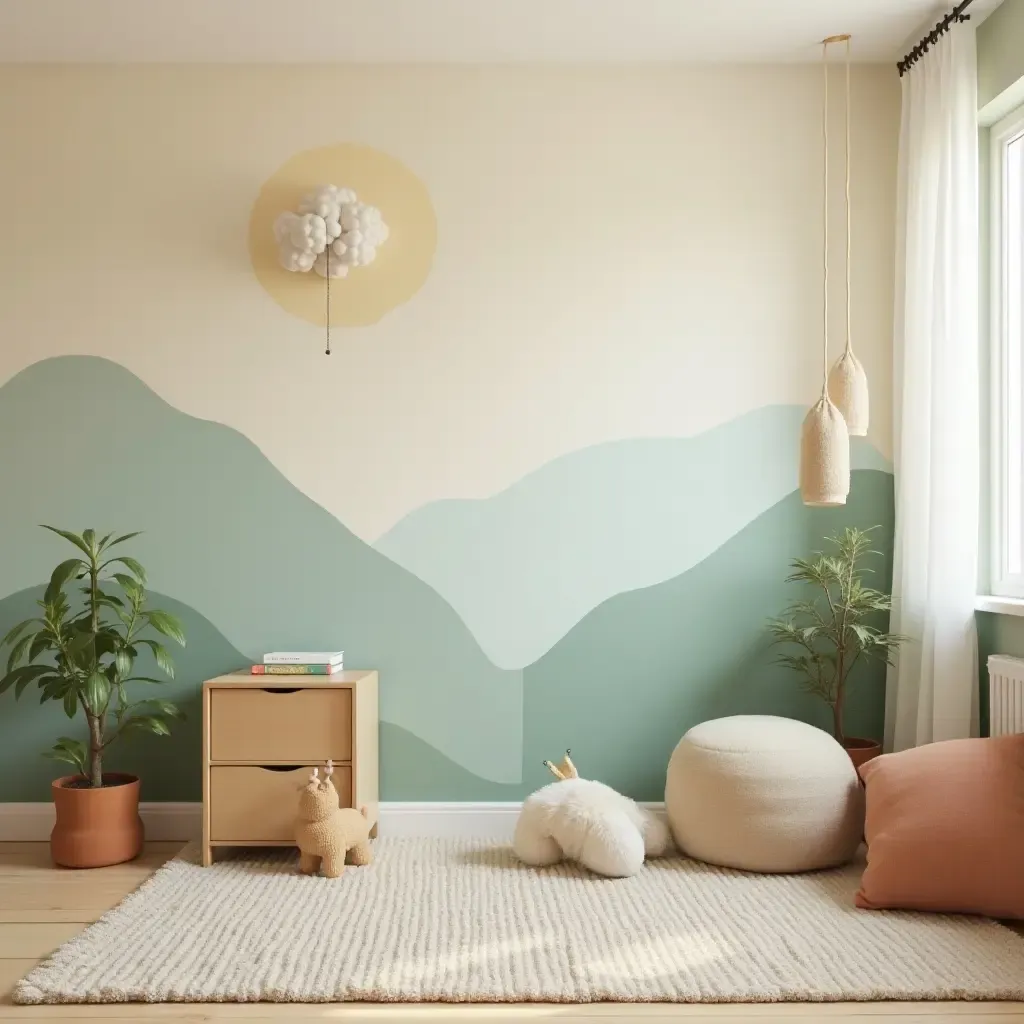 a photo of a kids&#x27; room with a nature-inspired color palette