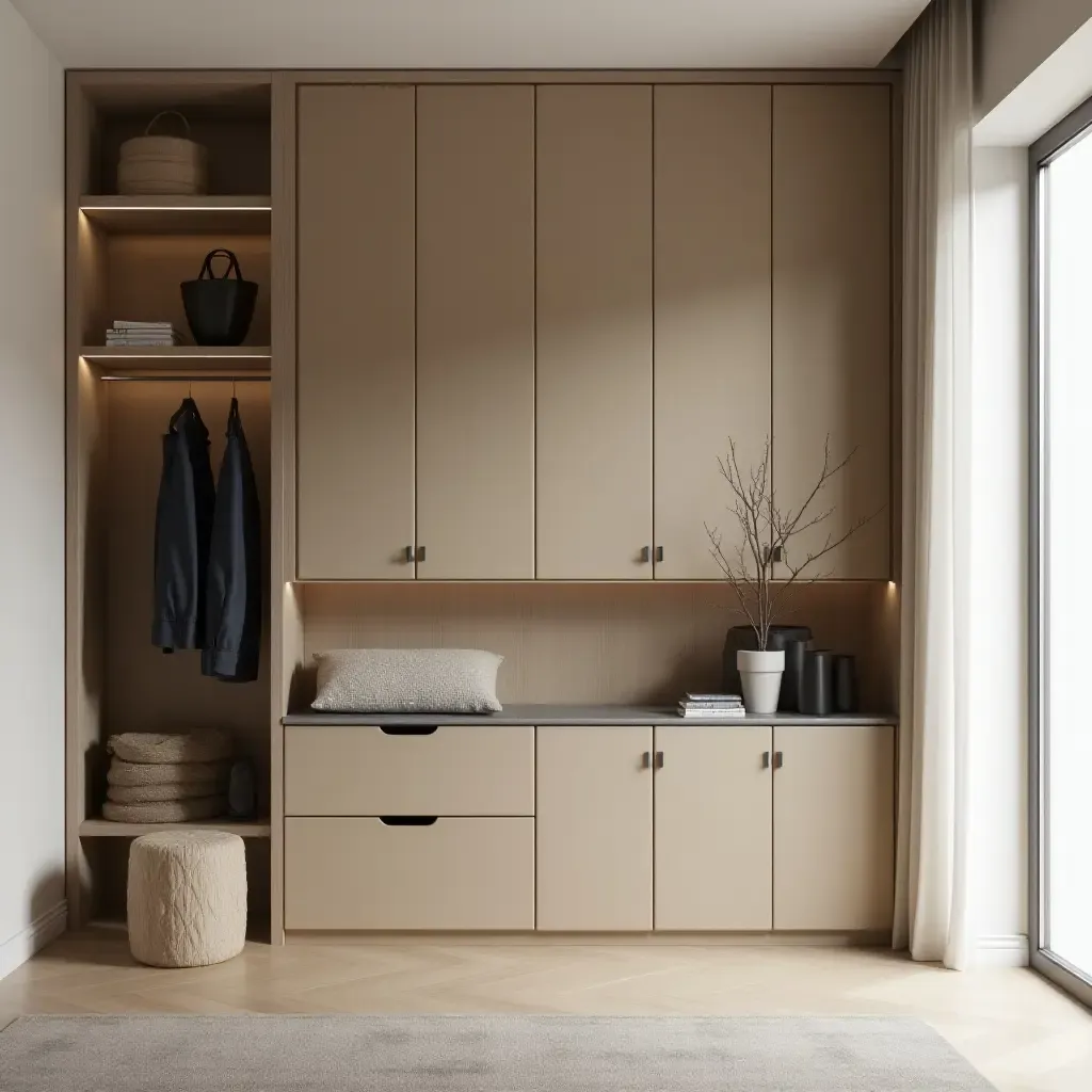 a photo of a chic entrance with a multi-functional storage unit