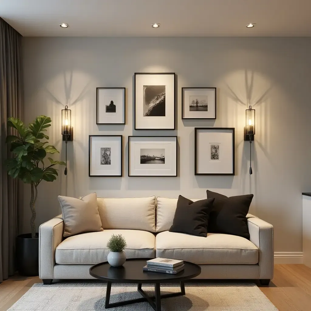 a photo of a chic basement gallery wall with framed art and decorative lighting