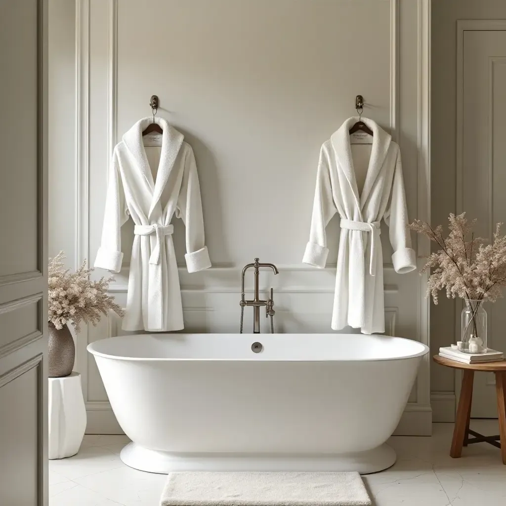 a photo of an elegant bathroom with a freestanding bathtub and plush bathrobes