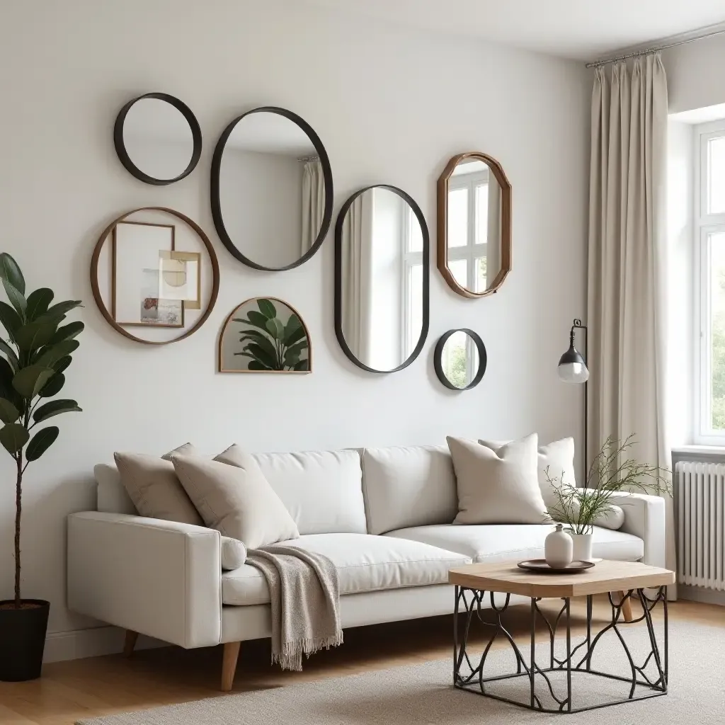 a photo of a stylish living room showcasing a gallery wall of various mirrors