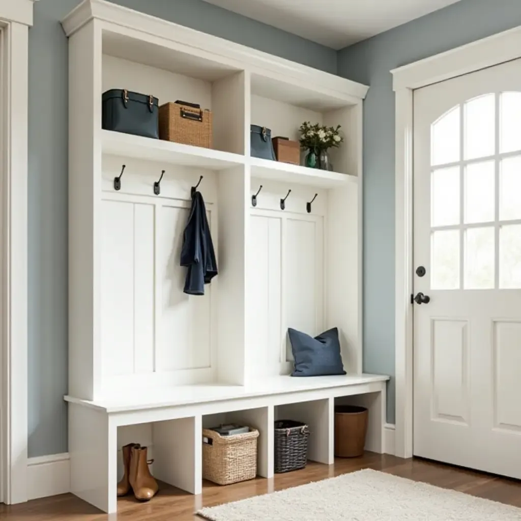 a photo of a functional mudroom with built-in storage solutions