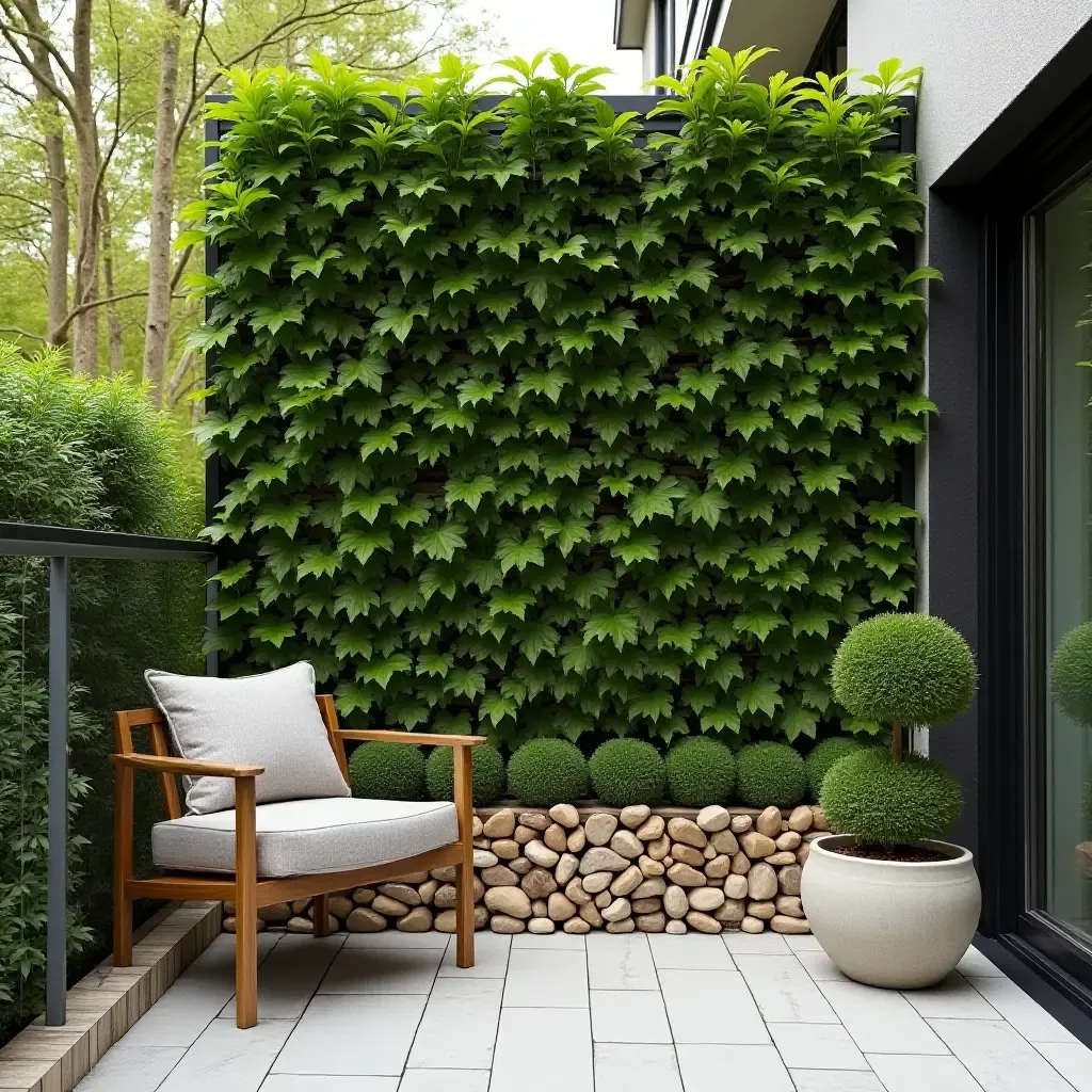 a photo of a balcony with a vertical garden wall and decorative stones