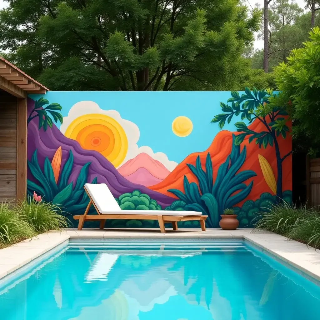 a photo of an artistic mural on a garden wall by the pool