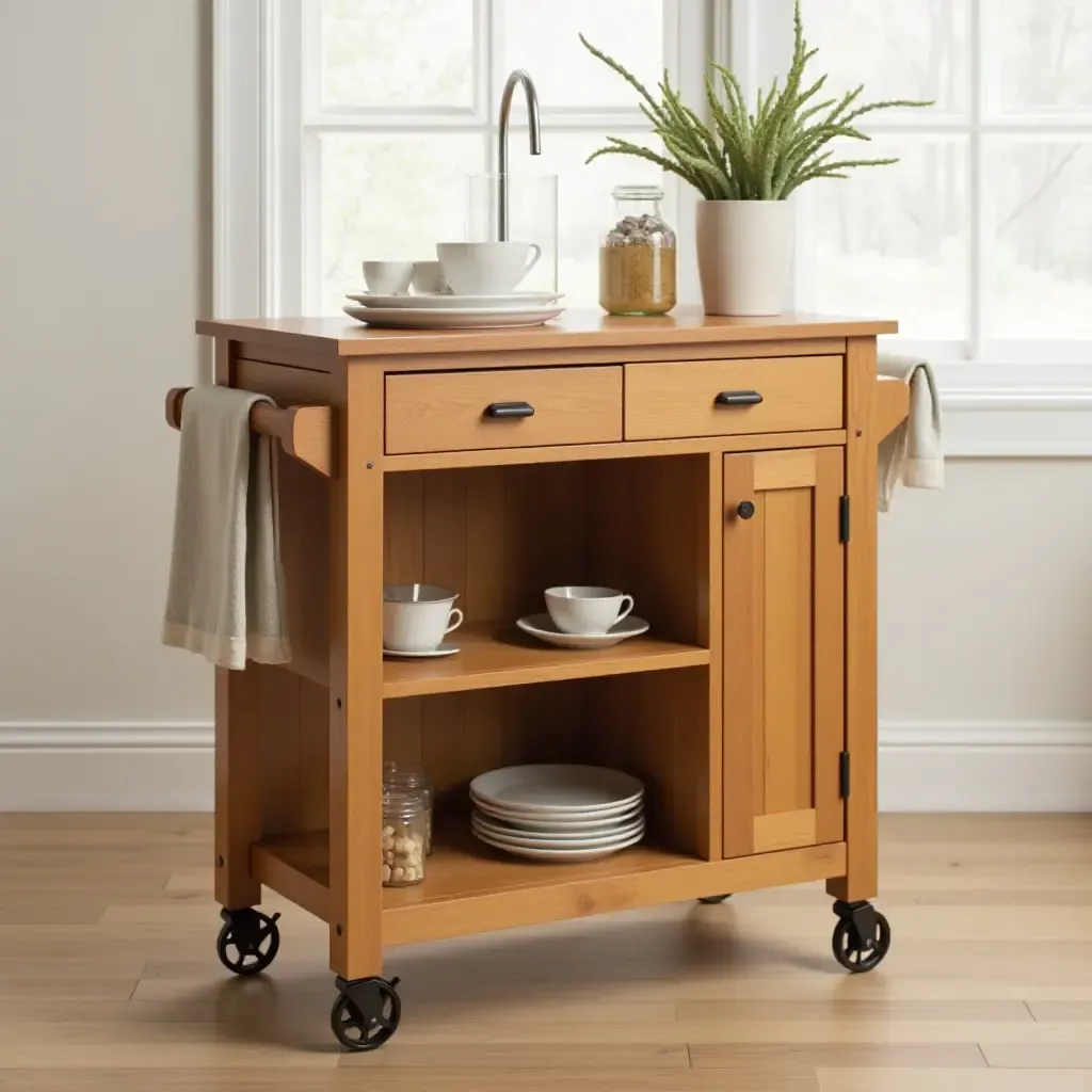 a photo of a wooden kitchen cart with storage options