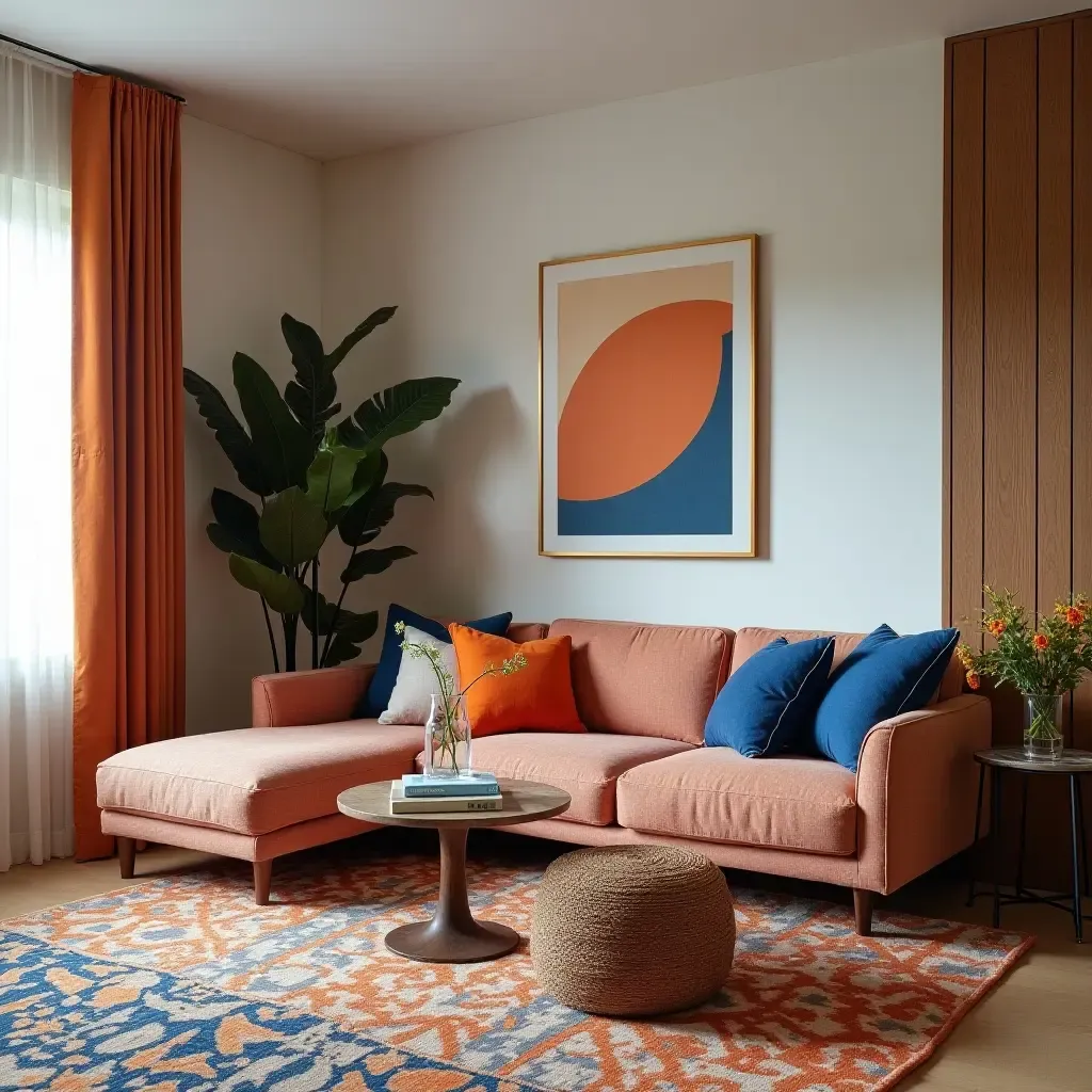 a photo of a eclectic living room featuring mixed patterns in orange and blue