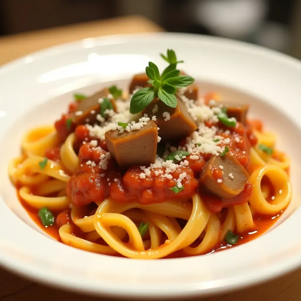 a photo of a colorful plate of Bigoli pasta with duck ragù, garnished with fresh herbs and Parmesan.