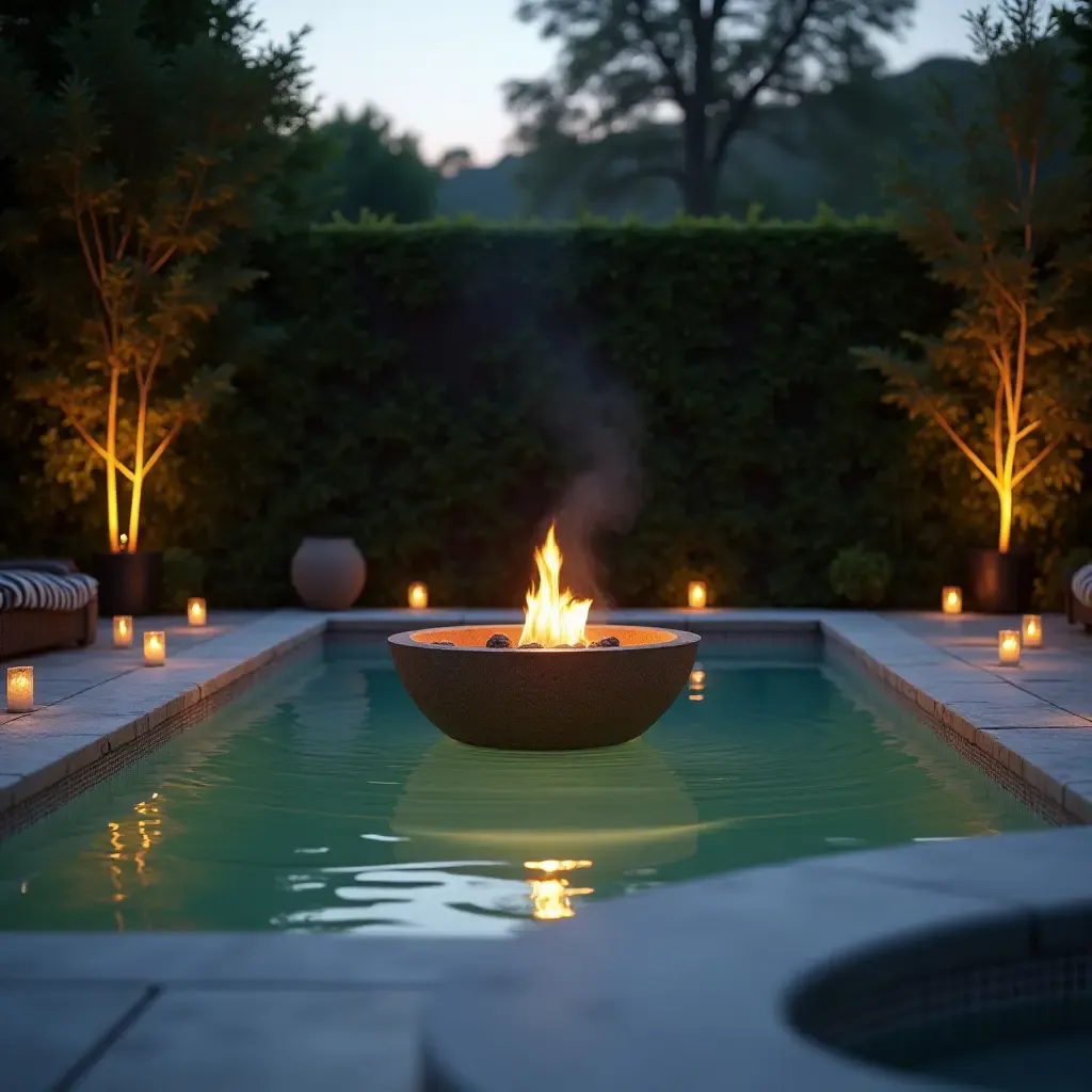 a photo of a small pool with a charming fire bowl for warmth