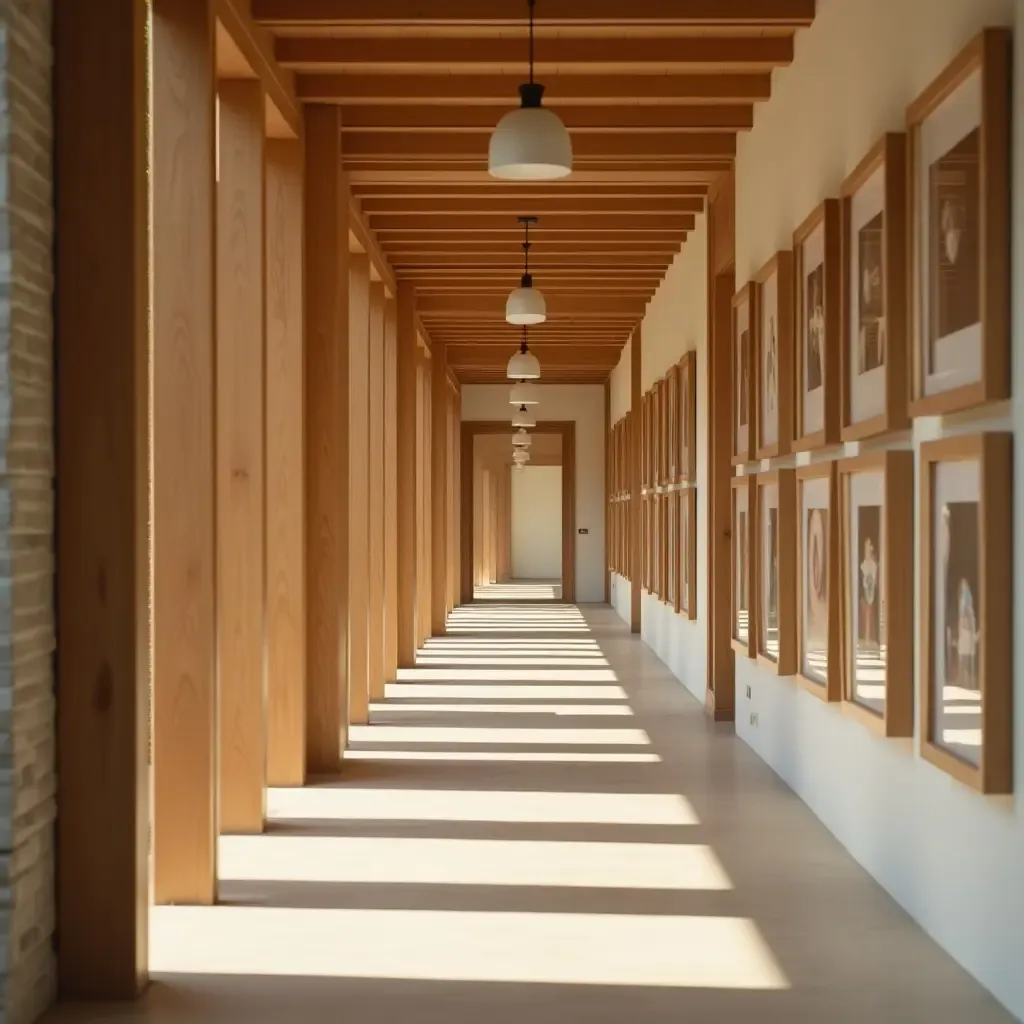 a photo of a corridor lined with wooden picture frames