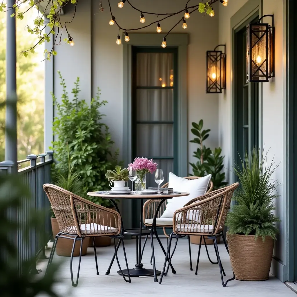 a photo of a chic balcony with a bistro set and decorative lanterns