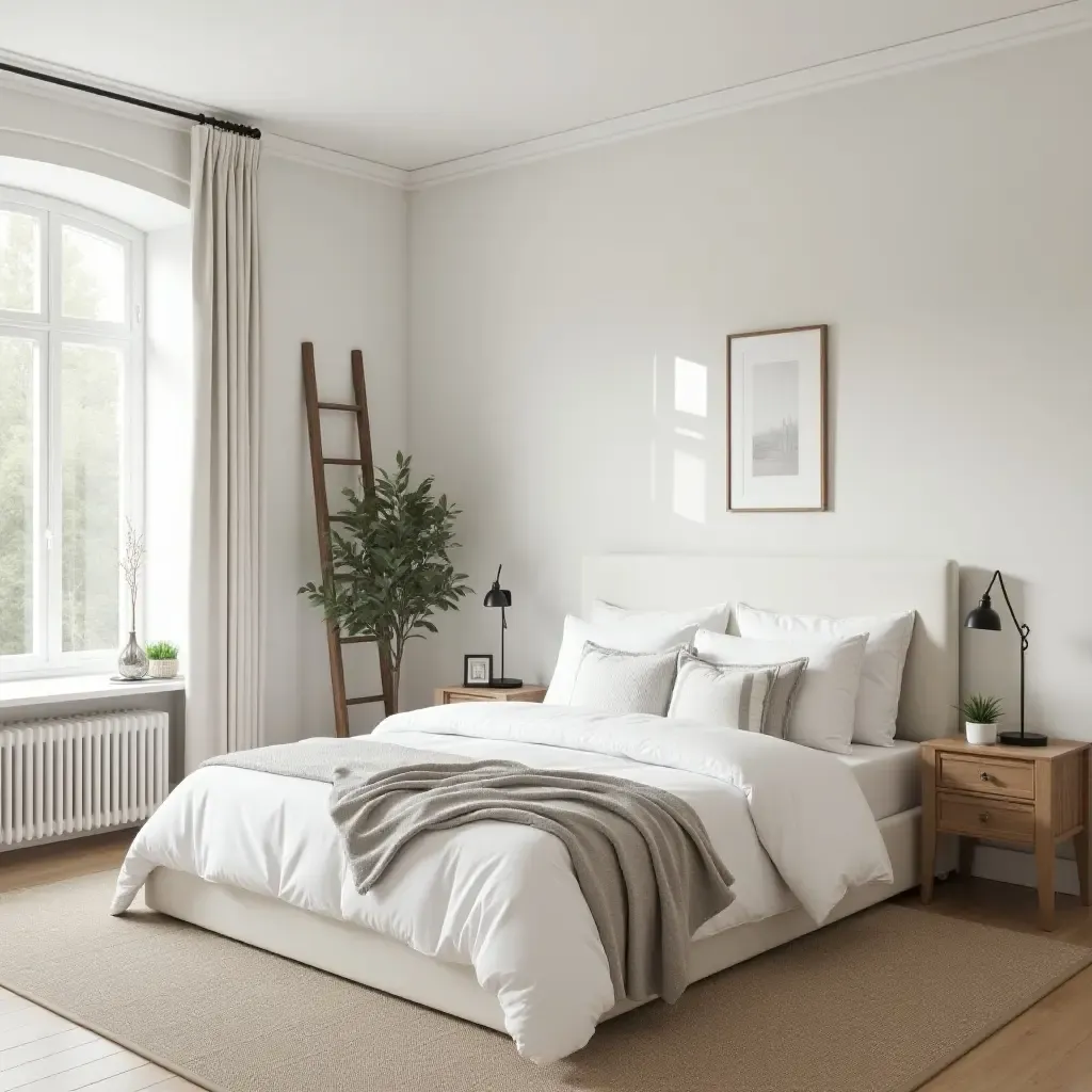 a photo of a farmhouse bedroom with a vintage ladder used as decor