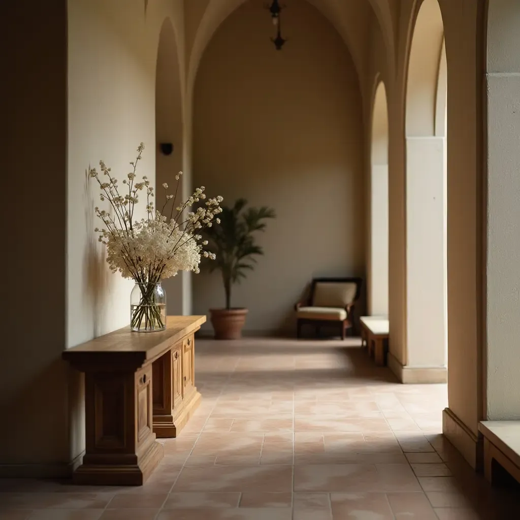 a photo of a wooden table with flowers in a corridor