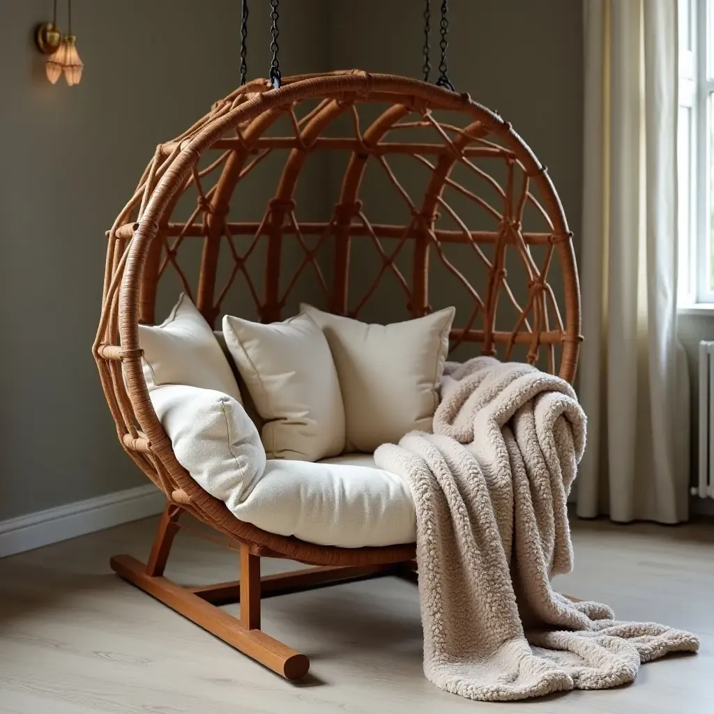 a photo of an elegant swinging chair with plush cushions and throws