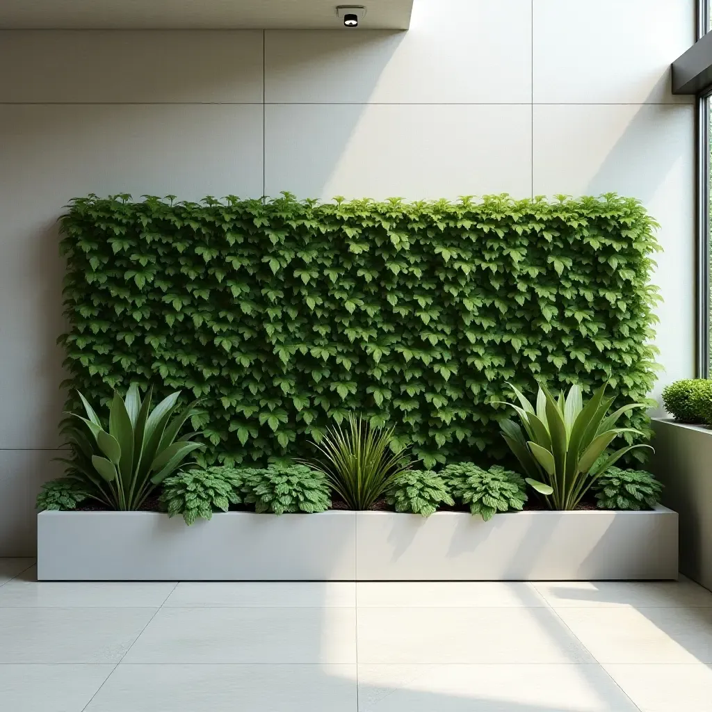 a photo of a minimalist garden wall with sleek planters