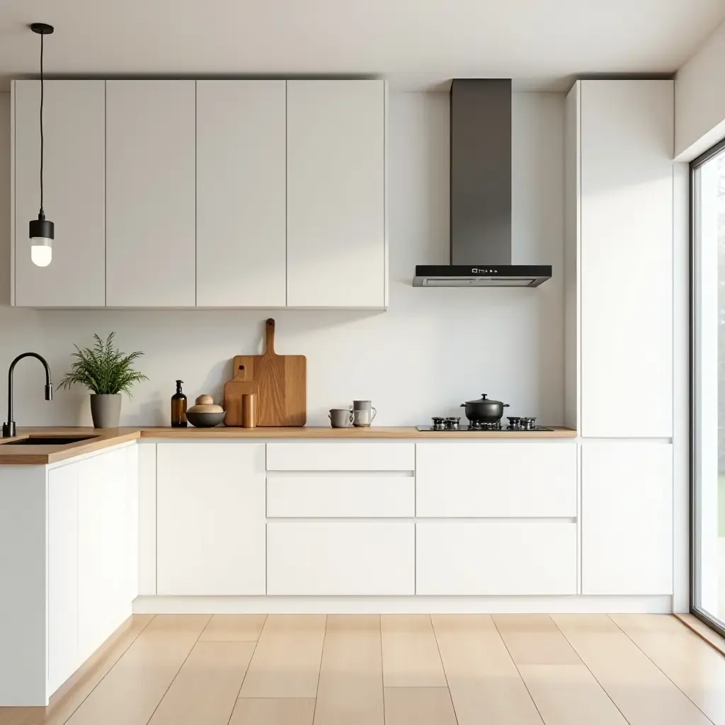 a photo of a minimalist kitchen with white cabinets and natural wood accents