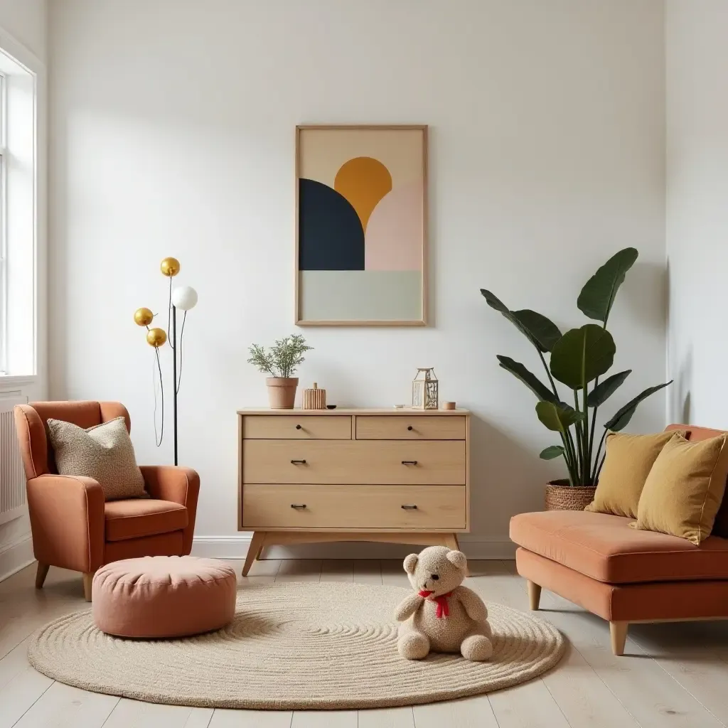 a photo of a stylish playroom featuring vintage furniture pieces and modern artwork