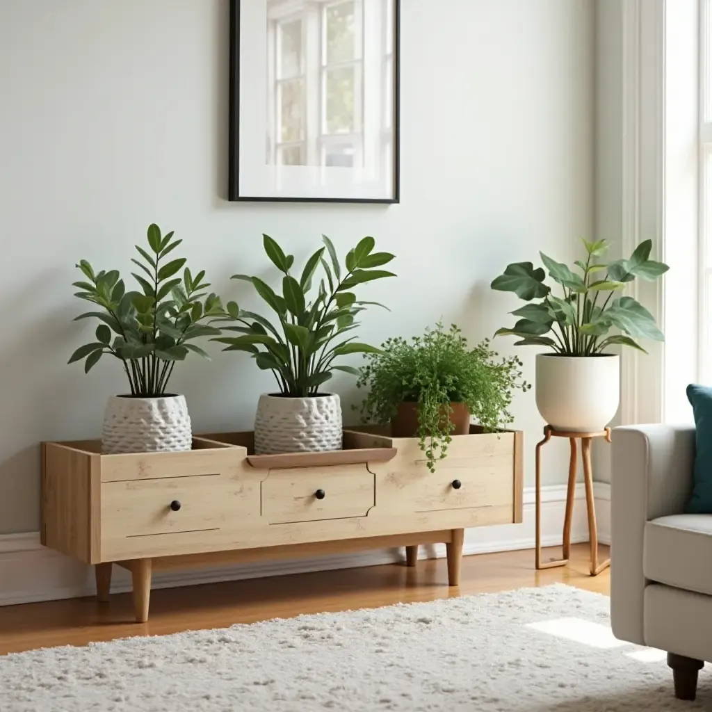 a photo of a living room with a repurposed wood planter