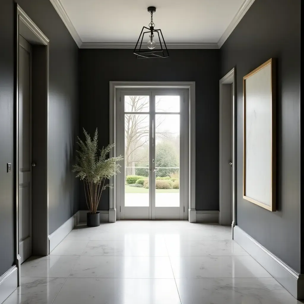 a photo of a stylish entrance hall with a monochrome color palette and clean lines