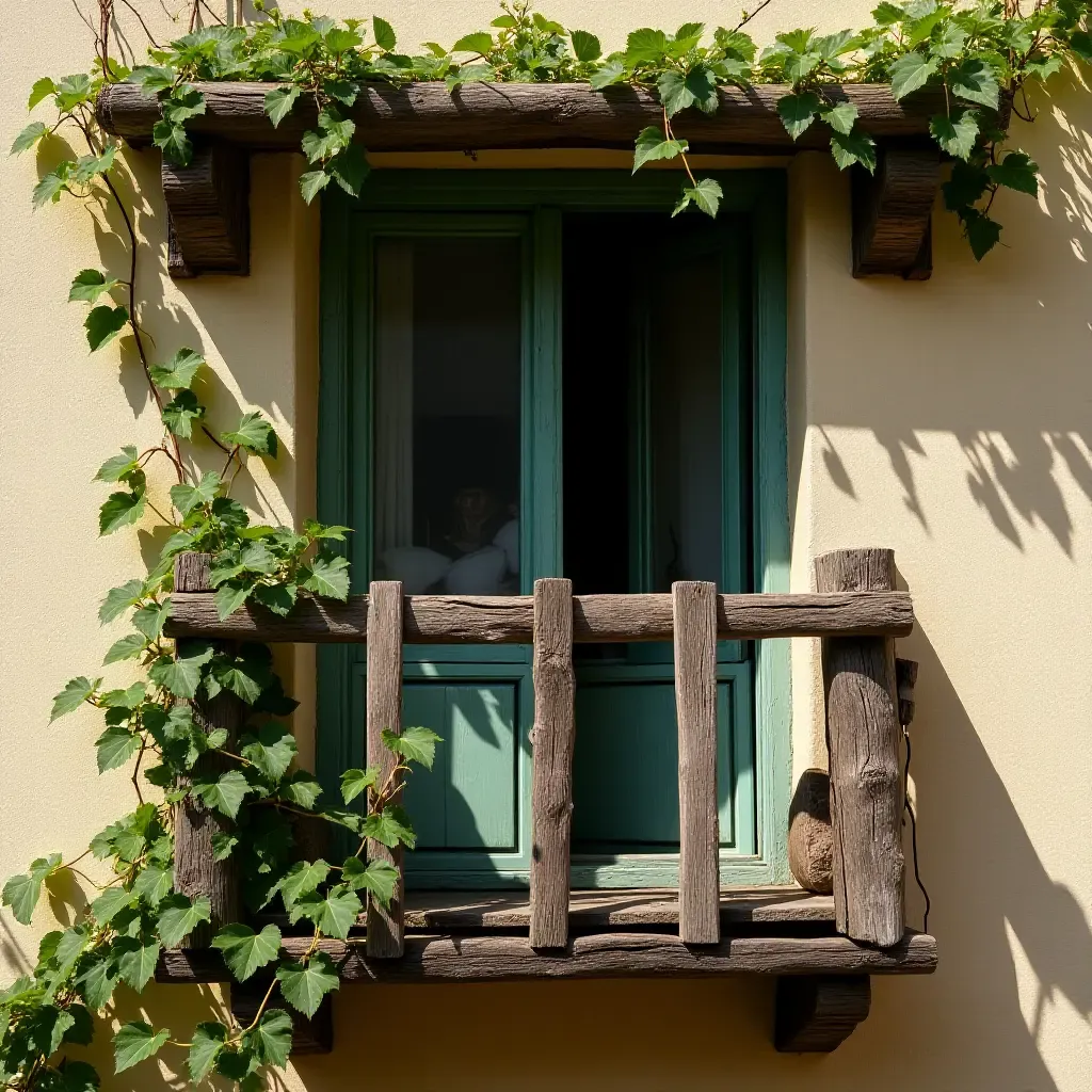 a photo of a balcony with a rustic wooden railing and climbing vines