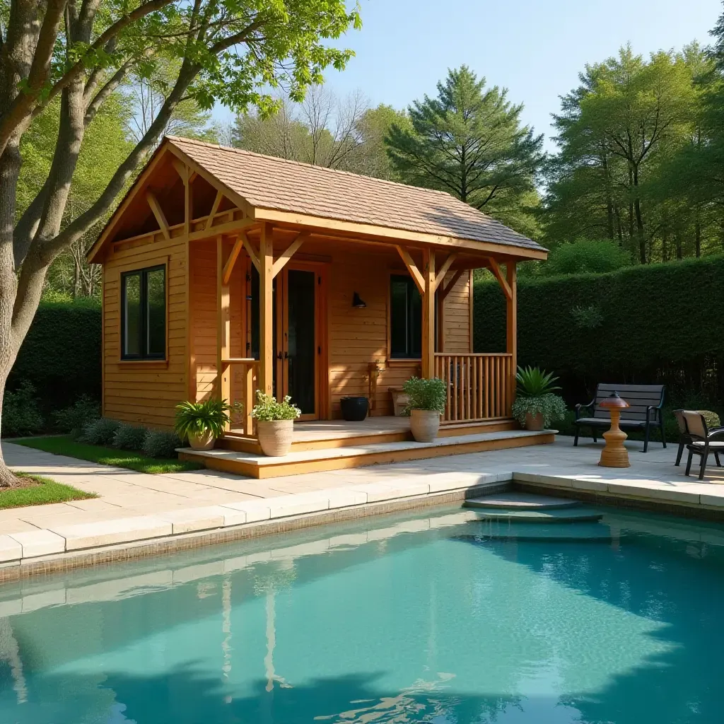 a photo of a wooden swing set near the pool